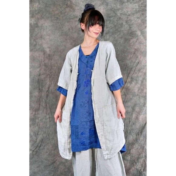 Blue Fish Size 1 Linen tie Front Tunic 5306 Contrast Cardi Dew-P Hand Printed - Picture 3 of 16